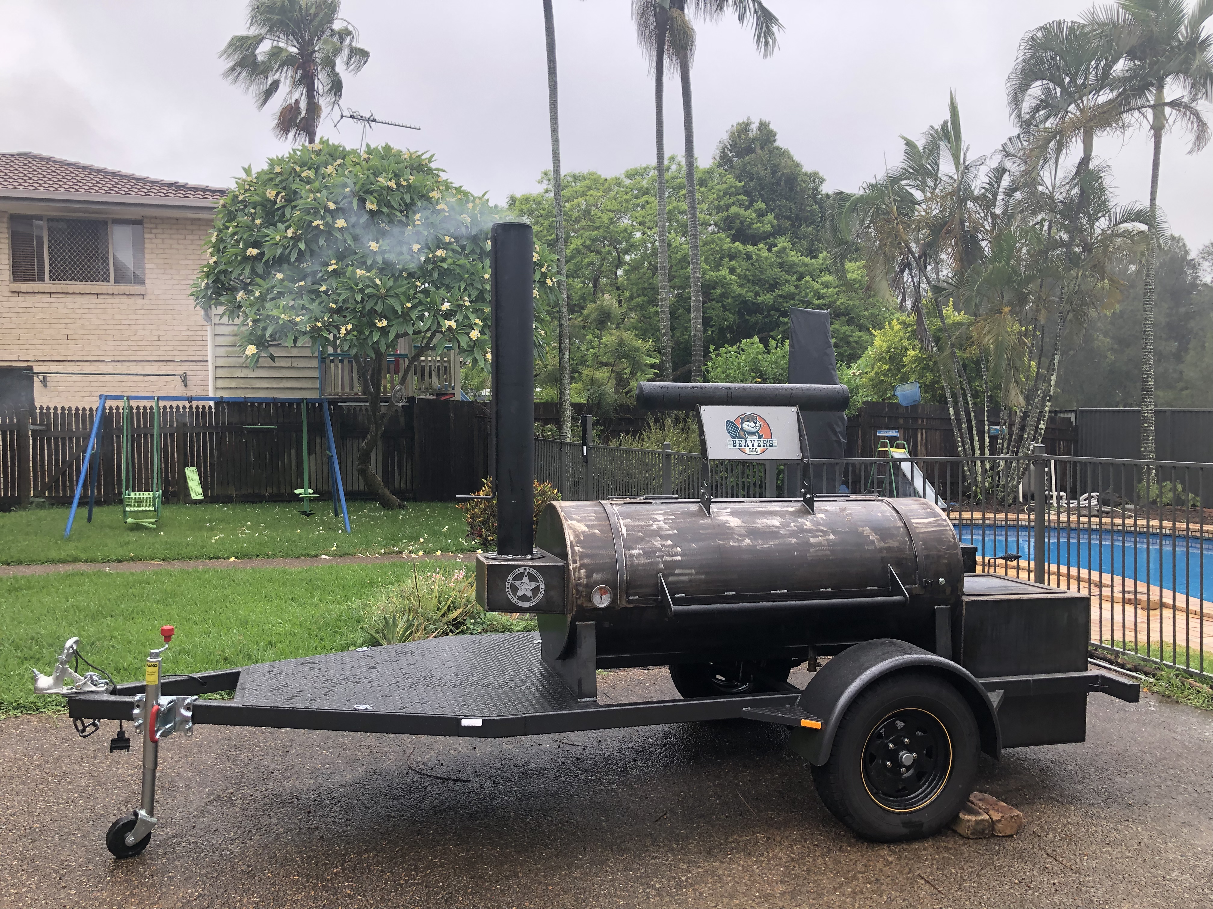 Beavers BBQ Brisbane Offset Smoker Rental Blue Trims On Tyres 2 Teneriffe